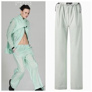 Johanna Parv Designer Sz M Blue Grey Cover Nylon Trousers NWOT cinch waist
